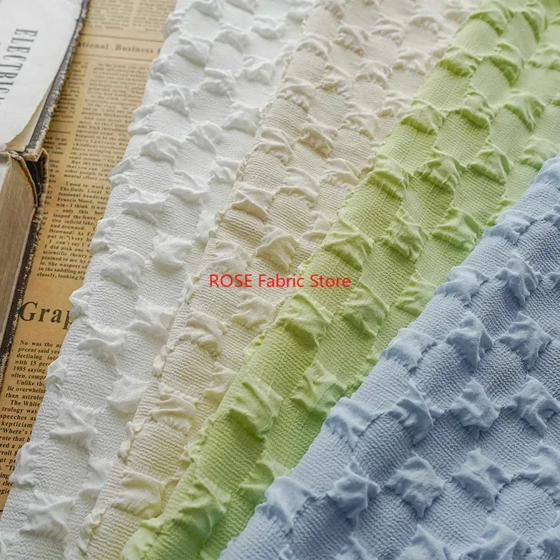 Checkered bubble-dyed Embossed fabric Soft Airy Chiffon lace Fabric, Breathable Striped Pleated fabric For Spring Dress, Shirt