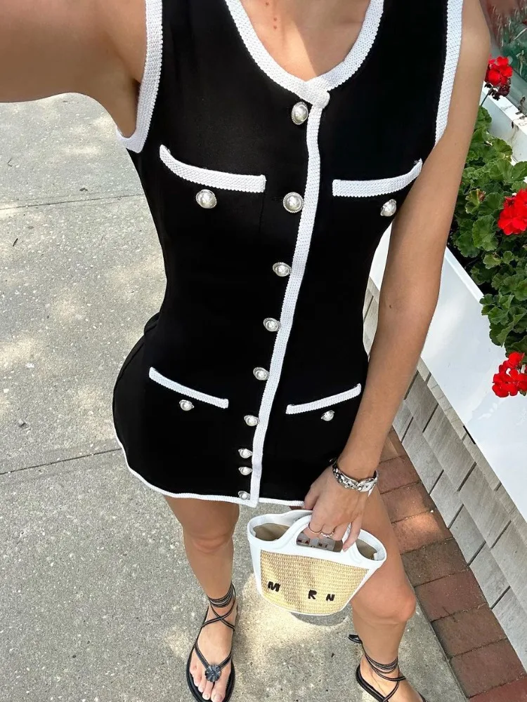 Sleeveless Patchwork Elegant Mini Dress For Women Knit High Waist Pocket Contrast Cardigan Dress Knitwear Fashion Dress