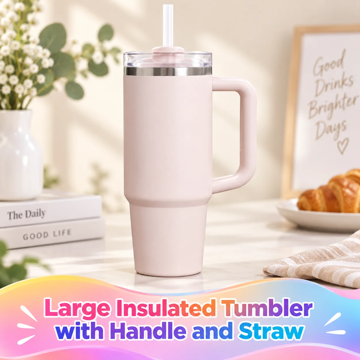 30oz Travel Tumbler with Handle & Straw, 3-Position Rotatable Lid, Fits Car Cup Holder, Double Wall Vacuum Insulated Stainless Steel Water Cup, Keep Cold & Hot For Hours, Rose Quartz 2.0