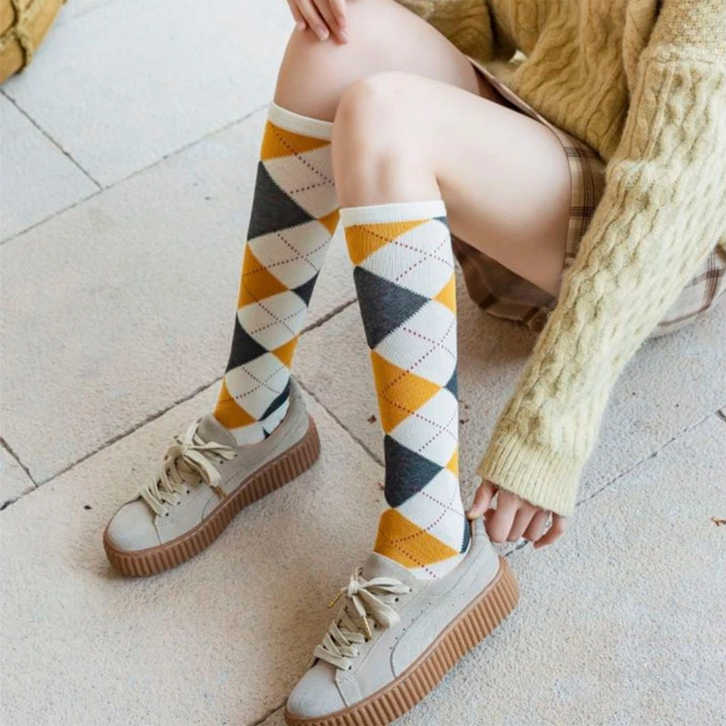 Preppy Style Women Knee High Socks College Vintage Multicolor Argyle Diamond Plaid Print Uniform Cotton Calf Stockings