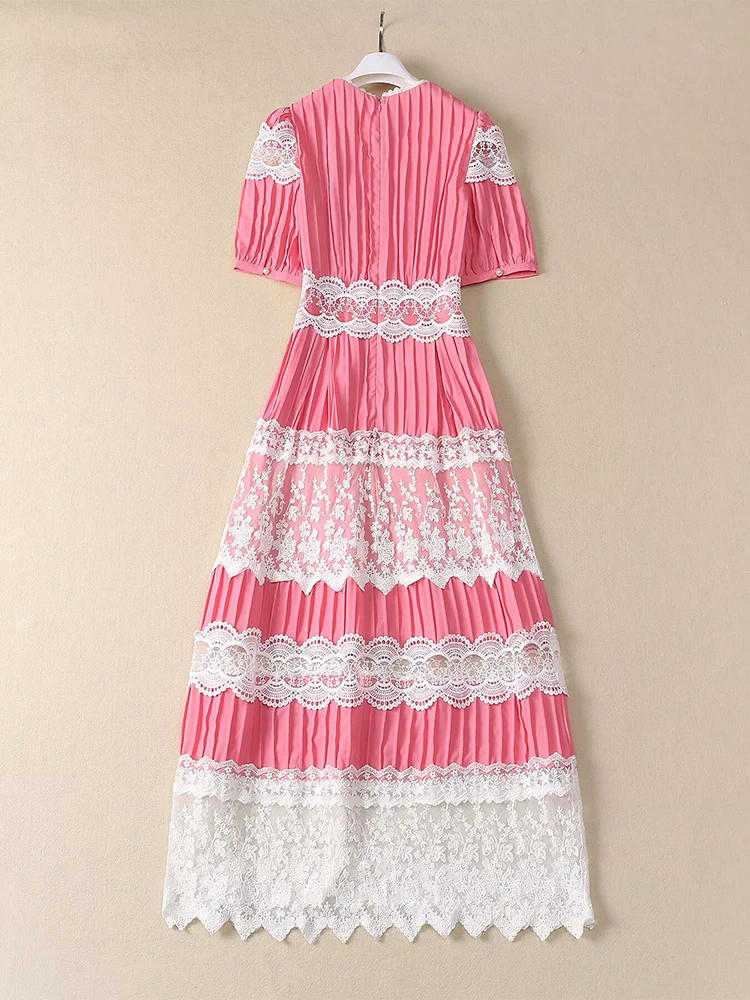 AELESEEN Runway Fashion Summer Pink Dress Women V-Neck Lace Patchwork High Street Elegant Midi Pleated Party Holiday