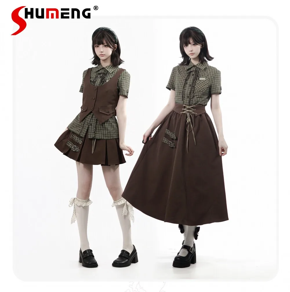 

Original College Style Y2k Student Matching Sets Spring New Cool Girls Kawaii Short Sleeve Shirt Vest Jacket Long Skirt Outfit