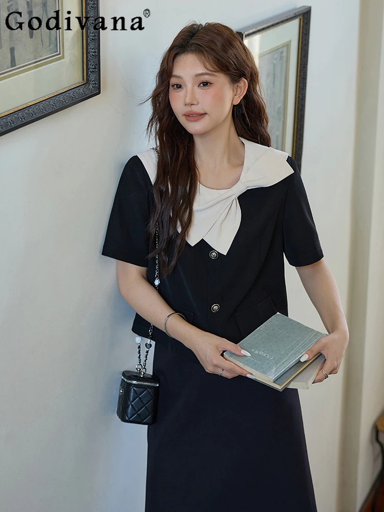 

Новинка лета 202, женский топ большого размера с розовым бантом, черный топ с короткими рукавами, темпераментная модная универсальная повседневная юбка трапециевидной формы с высокой талией