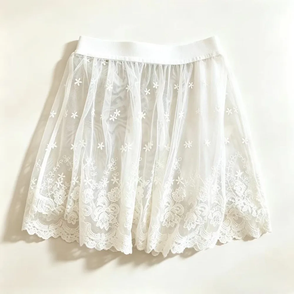 High Waist Half Slip Skirt Single Layer Floral Embroidery Layering Underskirt Elastic Waistband Mini Length Lace Mini Skirt
