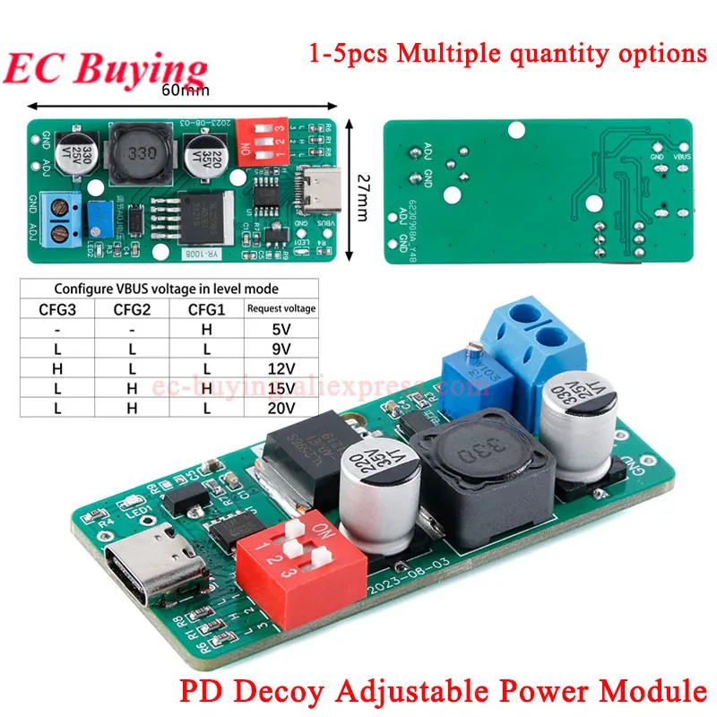 PD/QC Trigger Board Decoy Board Type-C Fast Charger Adjustable 5V 9V 12V 15V 20V High Speed Charging Power Delivery Boost Module