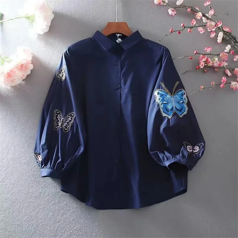 Vintage Women\'s Top Butterfly Embroidery Shirt Spring and Summer New Three quarter Lantern Sleeves Collar Button Art Blouse 2022