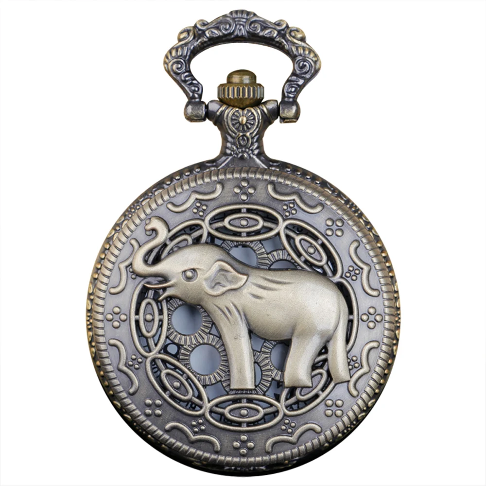 Vintage Elephant Hollow Digital Dial Quartz Steampunk Pocket Watch Men's and Women's Necklace Pendant with Chain Jewelry Gift