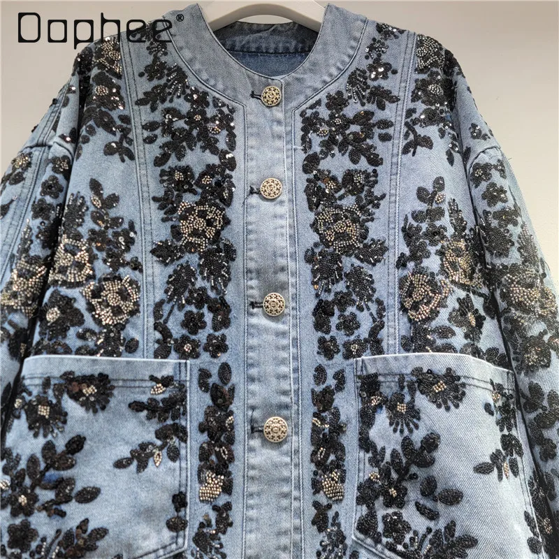 

2026 Early Spring New Heavy Industry Embroidery Sequins Flower Round Neck Long Sleeve Denim Jackets for Women Loose Casual Coats