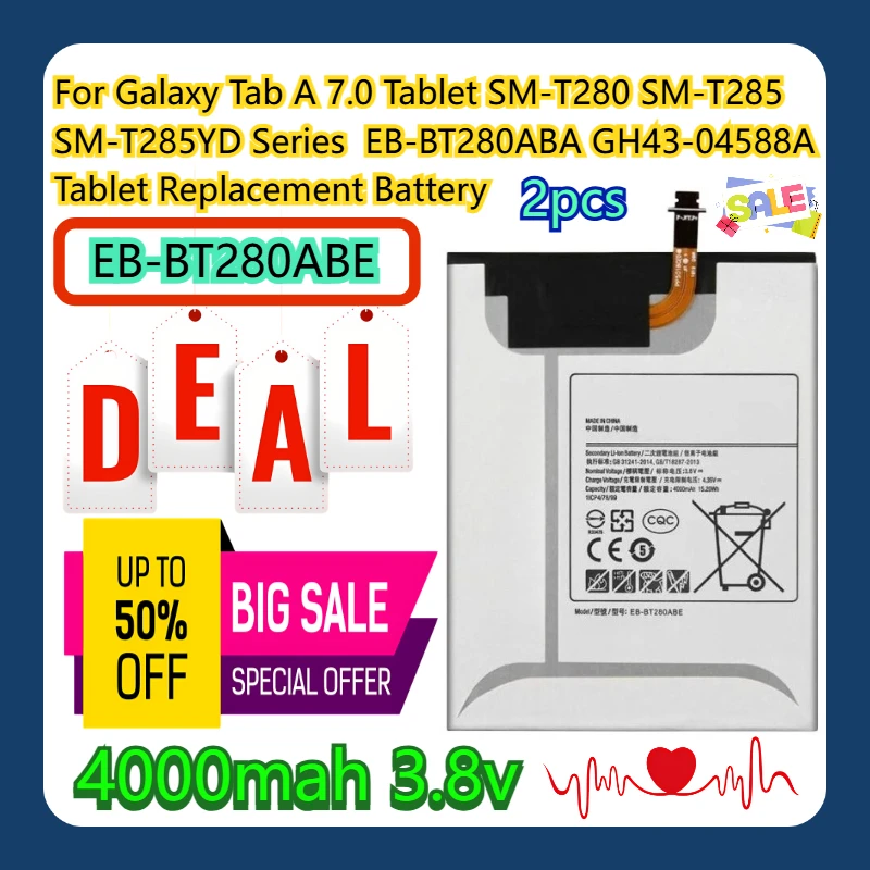 

For Galaxy Tab A 7.0 Tablet SM-T280 SM-T285 SM-T285YD Series EB-BT280ABE EB-BT280ABA GH43-04588A Tablet Replacement Battery 2pcs