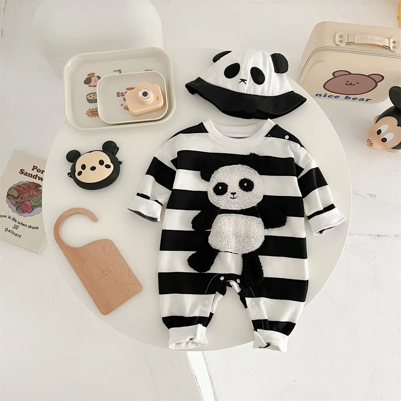 Somenie 0-2 year old baby clothes autumn long sleeved panda striped design male and female baby jumpsuit