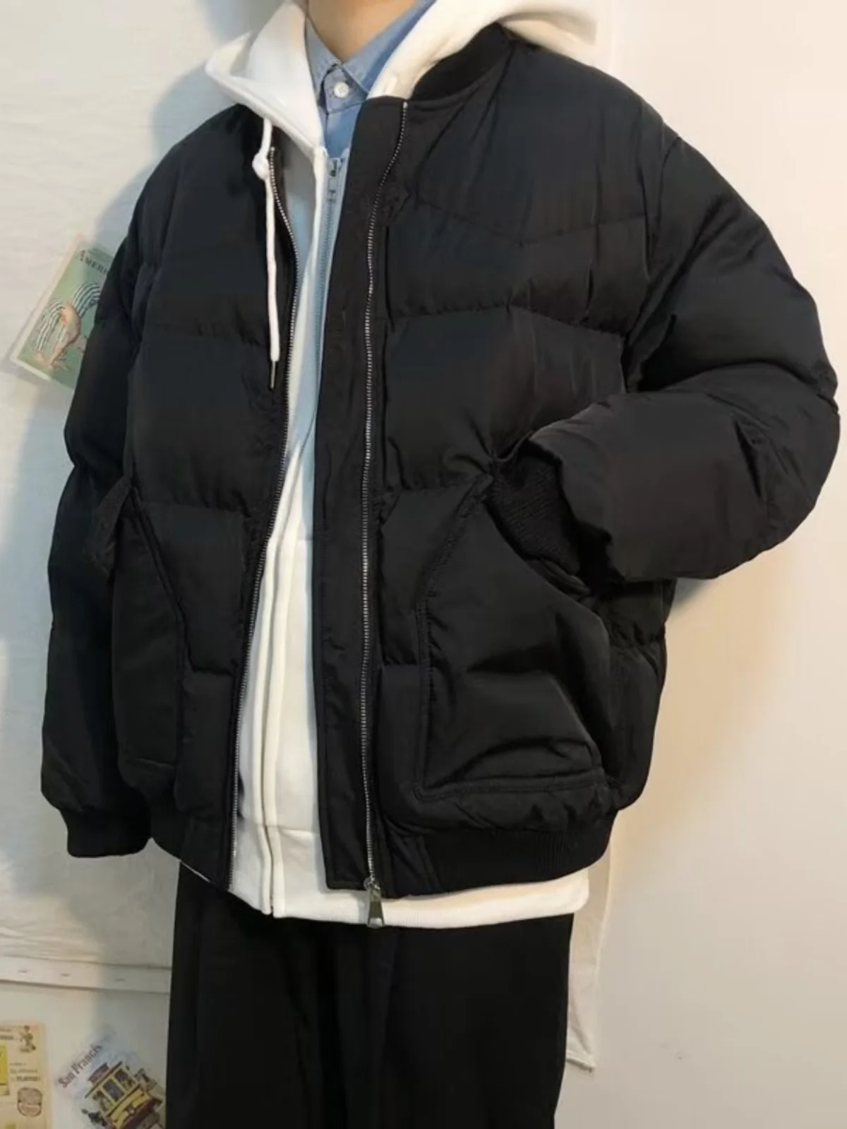 

Ins Thiened Breadth Coat Men's Casual Faion Winter Outerwear Loose Baseball Collar Warm Cotton Clothes Japanese Sle