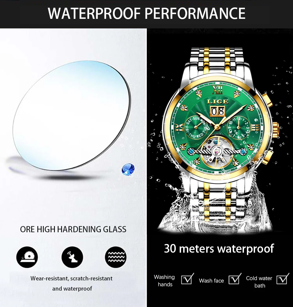 LIGE Automatic Watch for Men Top Original Luxury Skeleton Flywheel Mechanical Wristwatches Classic Calendar Business Man Watch