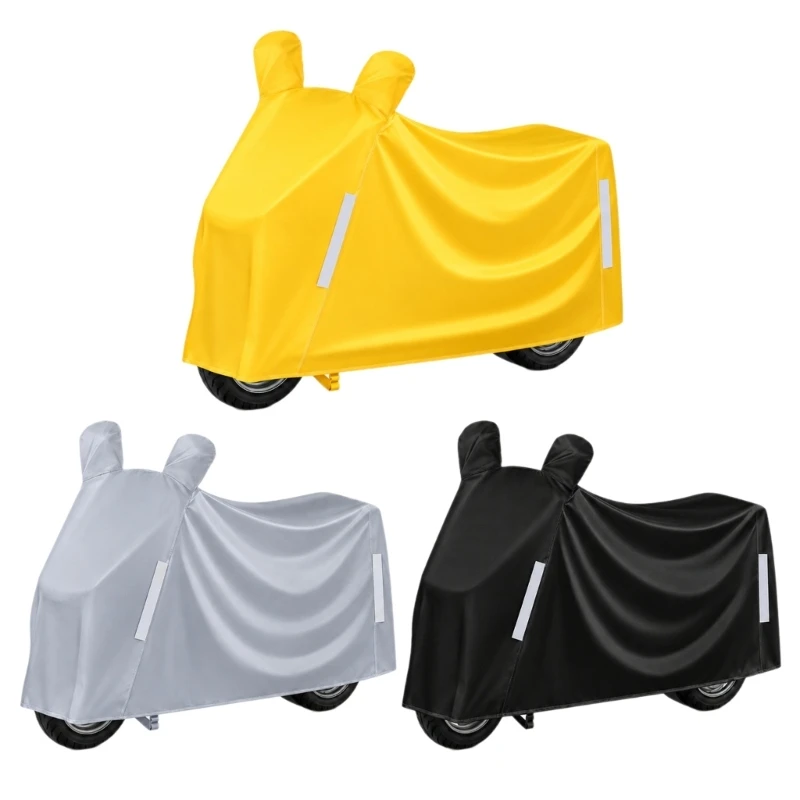 Motorcycle Full Cover with Shaped Mirror Pockets, Front and Rear Reflective Strips, Strap, and Lock Access D7YA