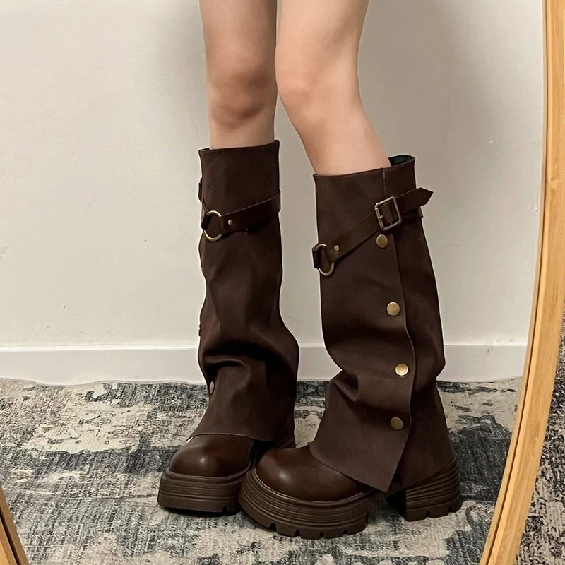 

Height Increase Women Knight Boots Fashion Belt Buckle Pleated Shoes Female Thick Heel Knee High Booties Zapatos De Mujer