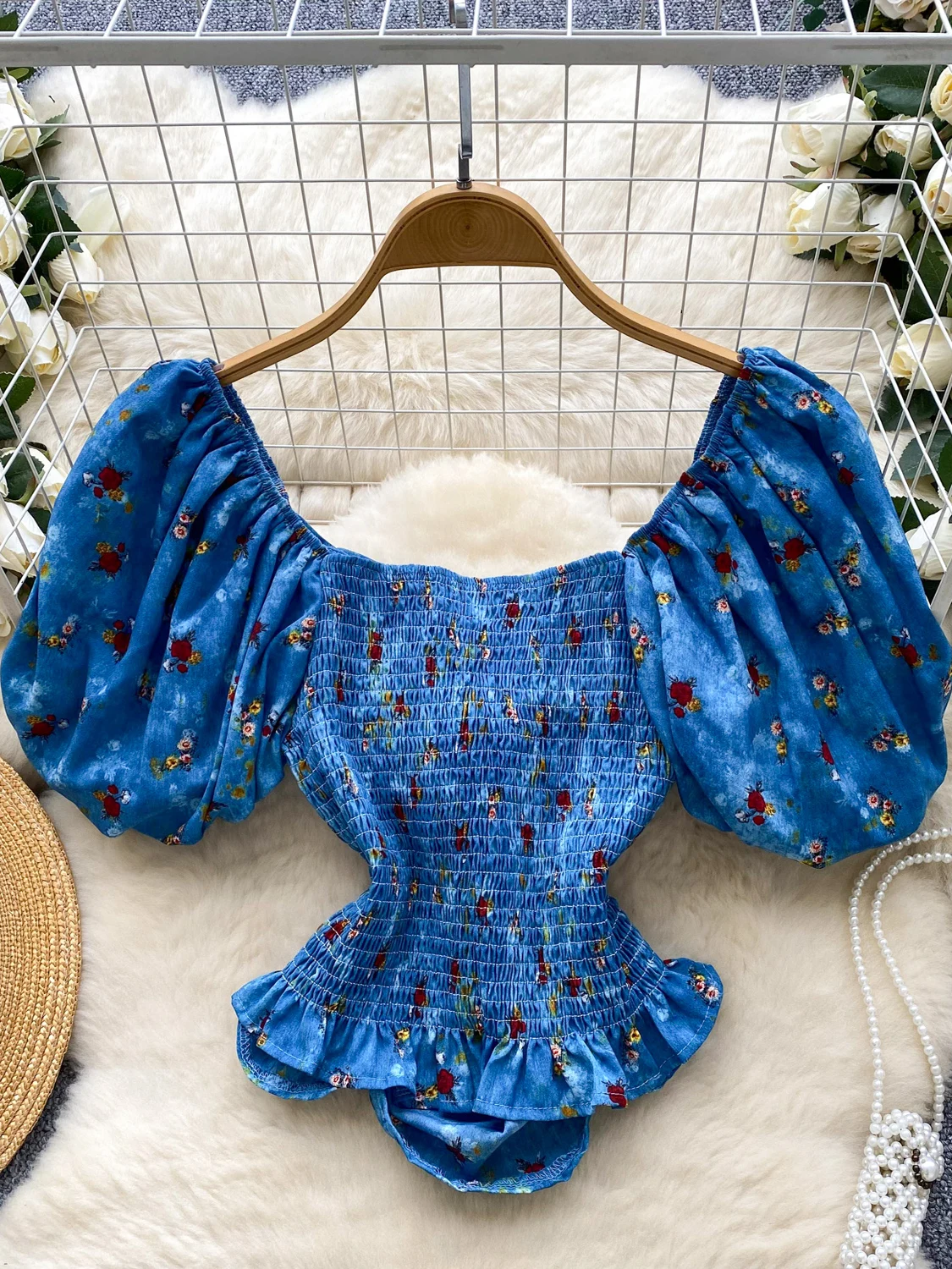 

Romantic Floral One-oulder Bubble Sve Top Women's Slim Fit Summer Beautiful irt Korean Sle ort Sve Pure Desire