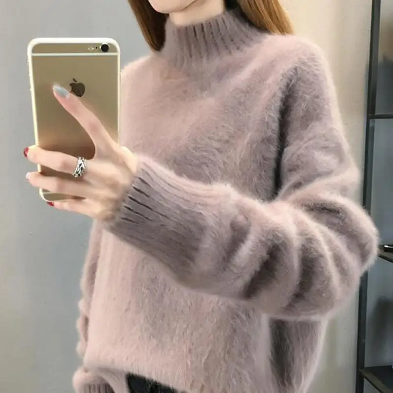 Waterproof Mink Fur Sweater, Women's Inner Layer Bottom Shirt, Autumn Winter New Style, Thick And Loose Half High Neck Pullover,