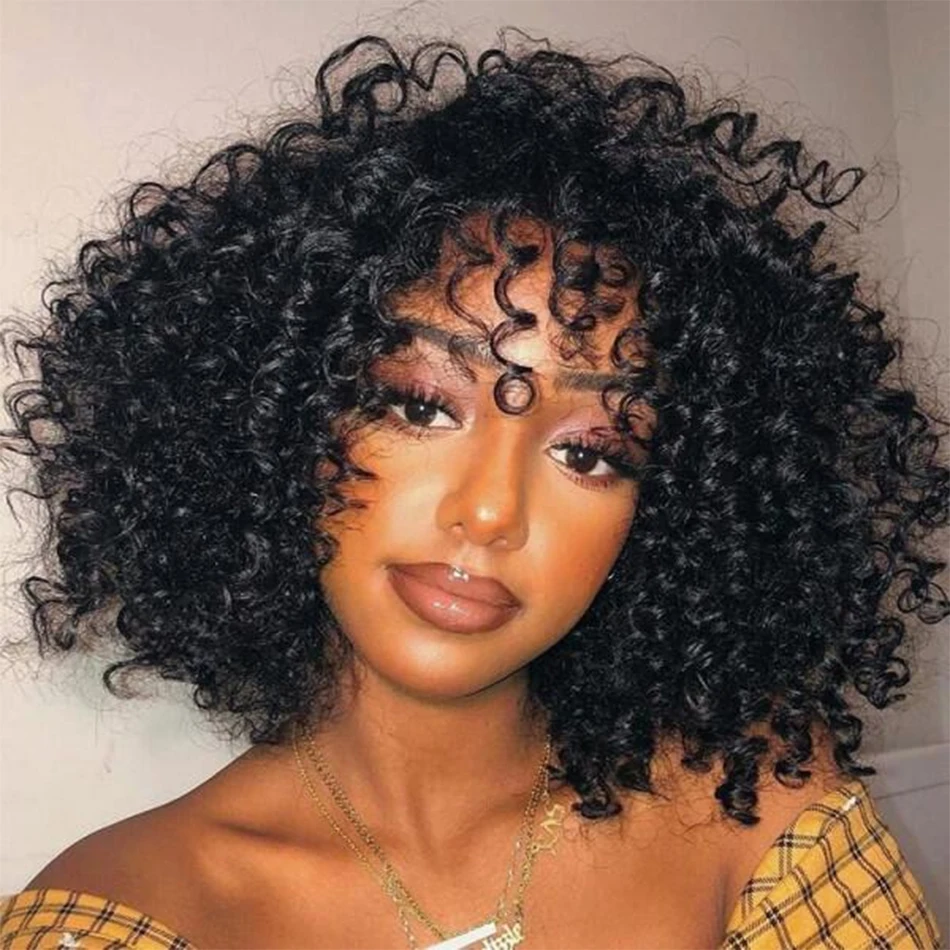 

Natural Human Hair Curly Bob Wig With Bangs 180Density Glueless Full Machine Made Wig Water Wave Wig Remy Brazilian For Women