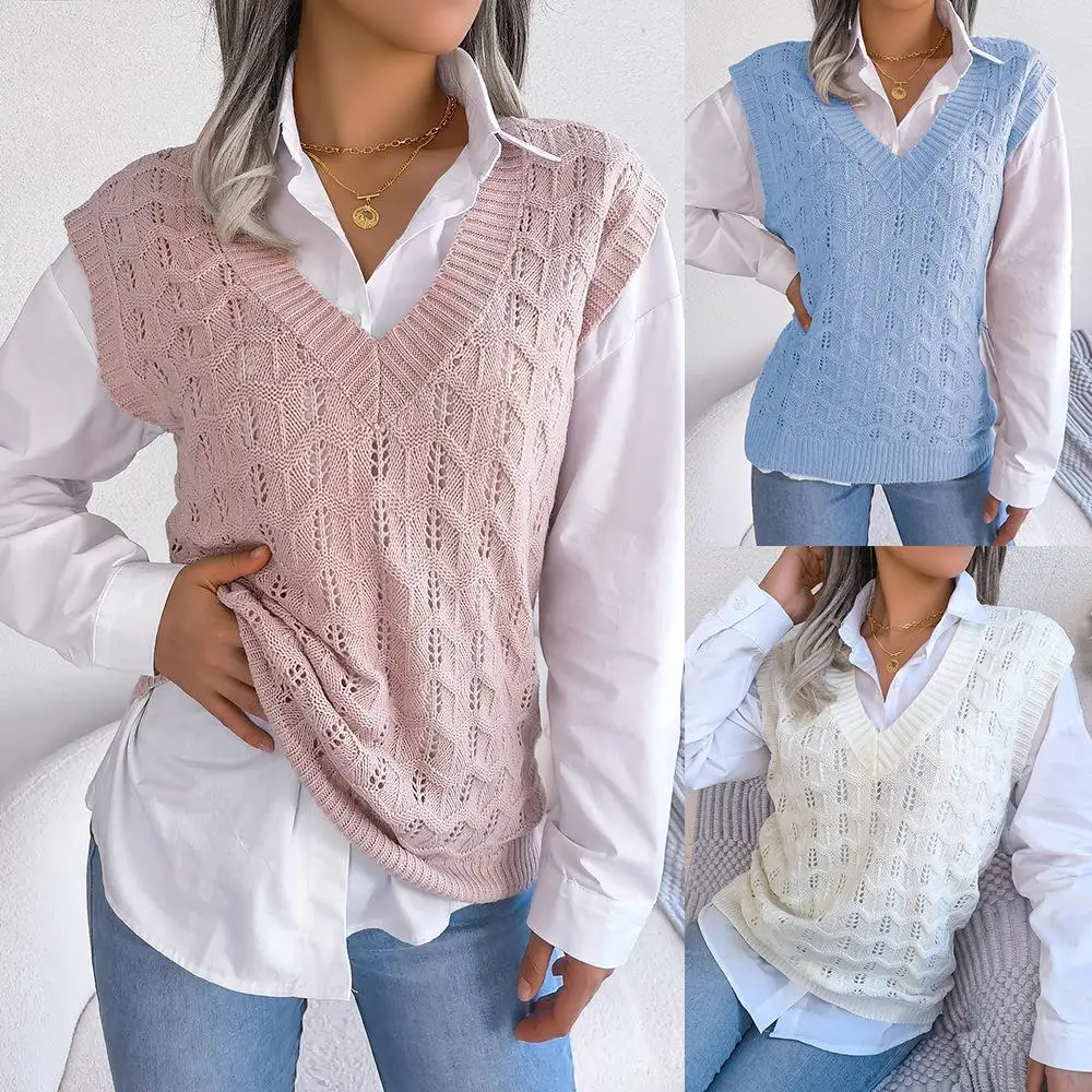 

Autumn Winter Color Knitted V Ne Hole Wave Pattern Tank Top Sweater Independent Station Cross Border Women's Faion