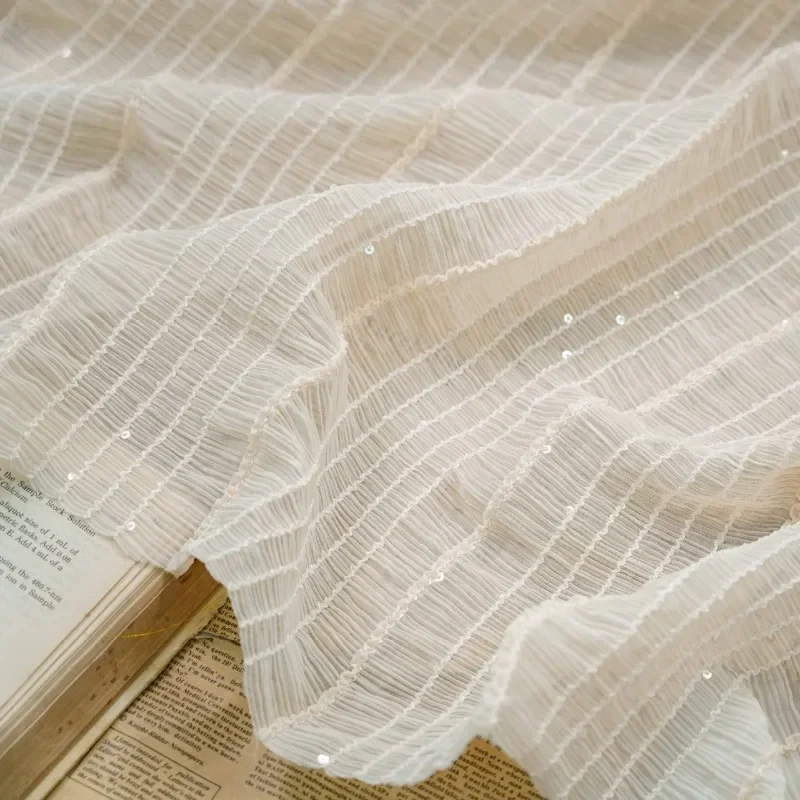قماش شيفون جميل، قماش دانتيل مكشكش مرن بخطوط لامعة لفستان الزفاف، التنانير، البلوز، أزياء الرقص،