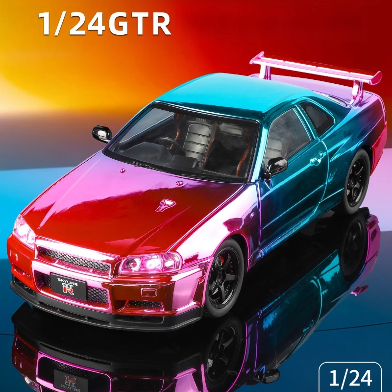 1:24 GTR R34 محاكاة عالية دييكاست سبيكة معدنية نموذج سيارة ضوء الصوت التراجع جمع الاطفال لعبة الهدايا