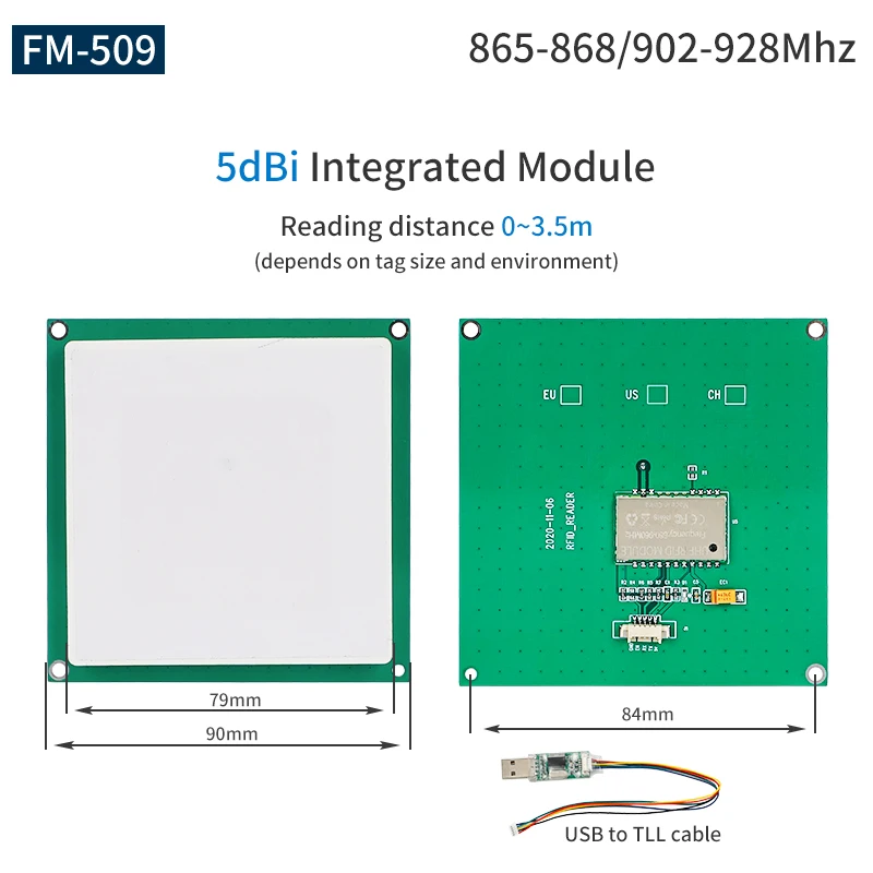 

Модуль UHF RFID FM-505 50*50 мм со встроенной антенной 3dBi с двойным питанием, модуль считывателя UHF RFID