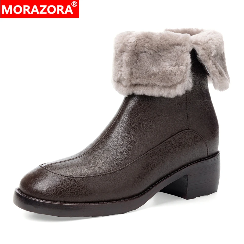 

MORAZORA Nature Wool Warm Snow Boots Women Zipper Square High Heels Winter Boots Genuine Leather Ankle Boots Handmade Shoes