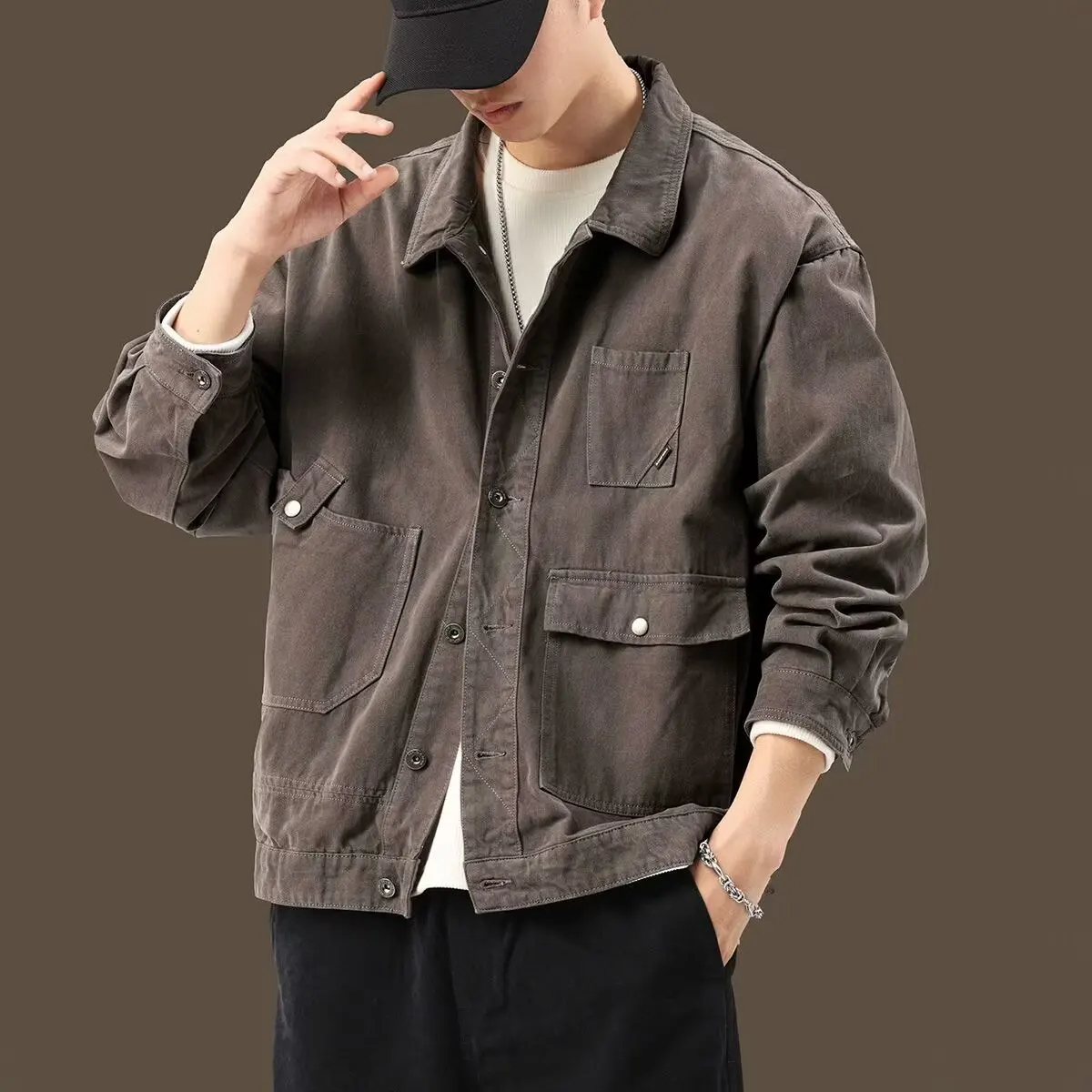 Advanced sense Casual Men Jackets Black Workwear Multi-pocket  Buckle Jacket Big Pocket Solid Vintage Autumn Jacket Clothing