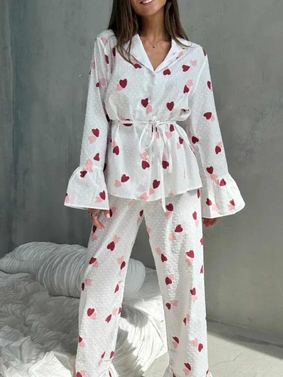 Mozuleva New Love Printed Long Sleeve Pants Cotton Sleepwear Set Women's Loose Comfortable Home Clothes Pajamas 2-Piece Set