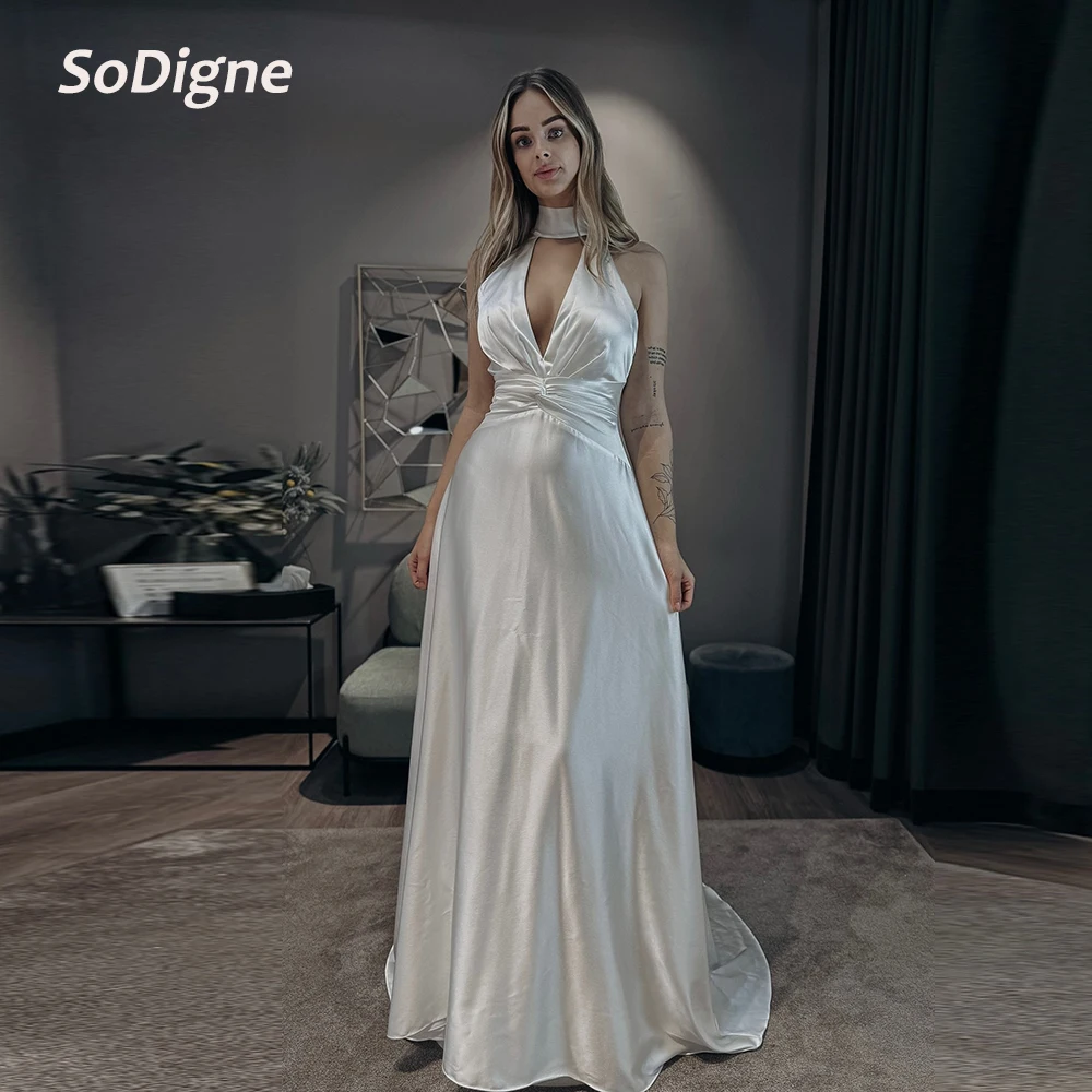

SoDigne Sleeveless Modern A-line Wedding Dresses Halter Simple SatinBridal Dress Women Wedding Gown Robe De Mairee Customized