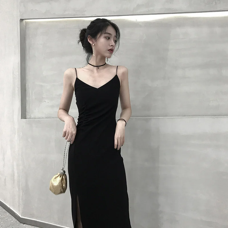 

Summer Dress Women Skinny Solid Color Strap Minimalist Shirring Elegant Chic High Slit Fashionable Vintage Leisure Dress