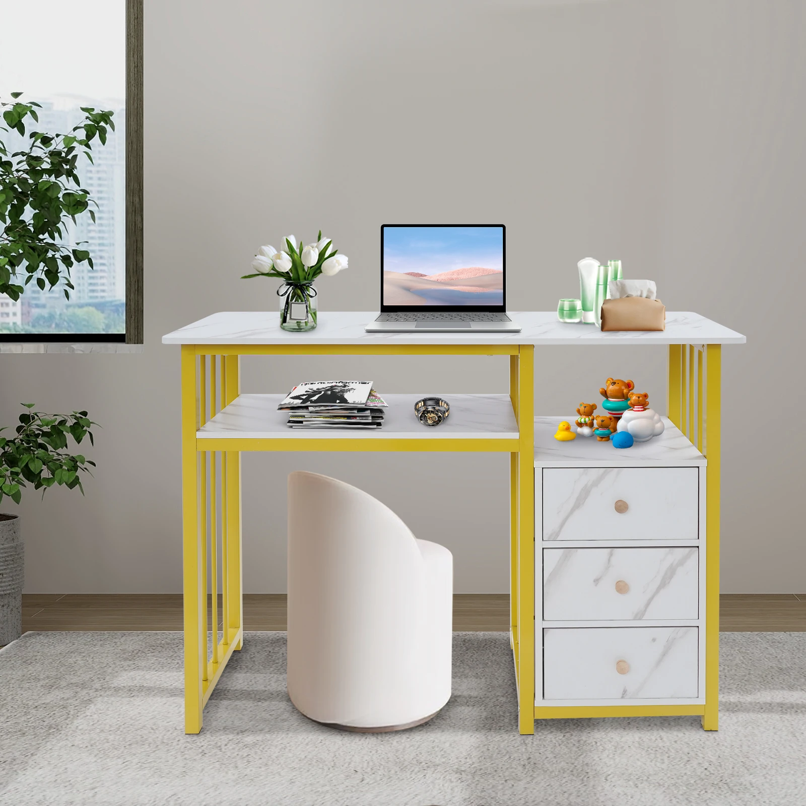 골드 화이트 밀도 보드 네일 데스크, 100*40*76cm 3 서랍 직사각형 매니큐어 테이블 바닥 마운트 거실, 사무실