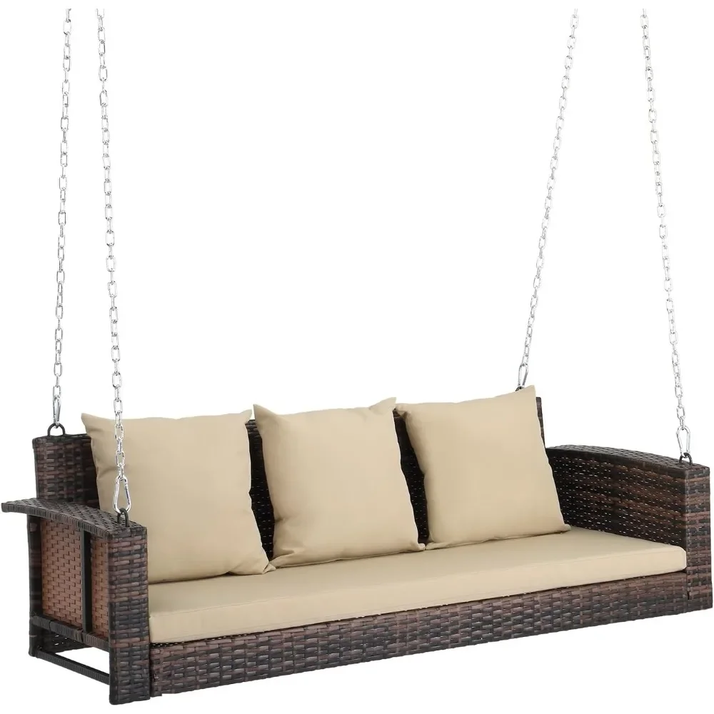 -Outdoor Swing, 5FT Hanging Porch Swings For Adults, Wicker 3 Person Patio Swings With Cushion, Pillow And Chain, Patio Swing