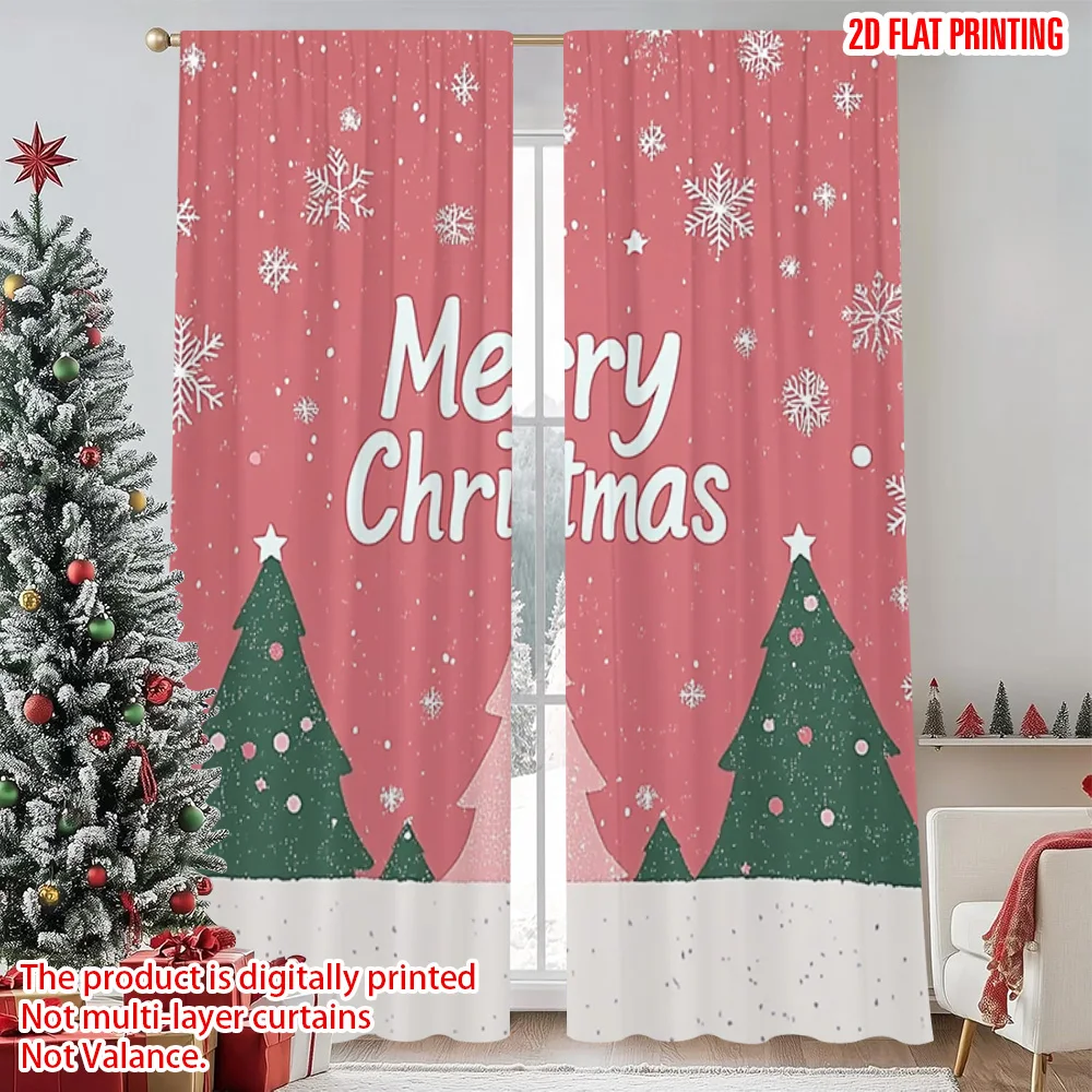 

2pcs 2D flat printing Christmas Window Curtains Merry Christmas Snowflakes & Green Trees Machine Washable Fabric Without