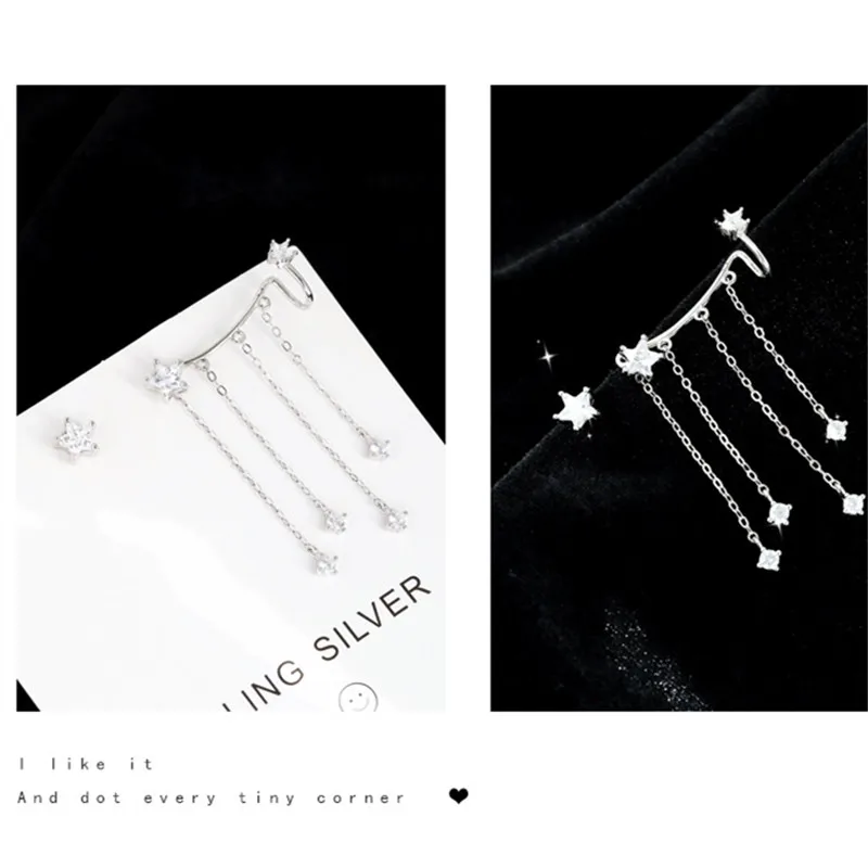 Fashion Asymmetric Shining Tassel Long Chain Zircon Star Drop Earring For Women Girls Wedding Jewelry Gift eh381