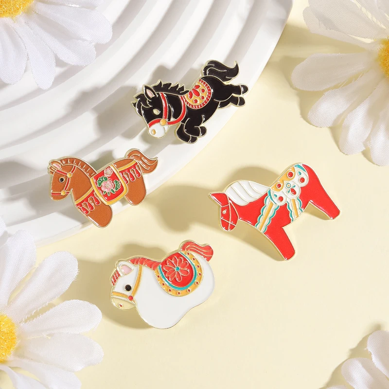 Colorful Mascot Horse for 2026 Lunar New Year Enamel Pin Floral Saddle Galloping Horse Design Brooch Lapel Badge Gift for Friend
