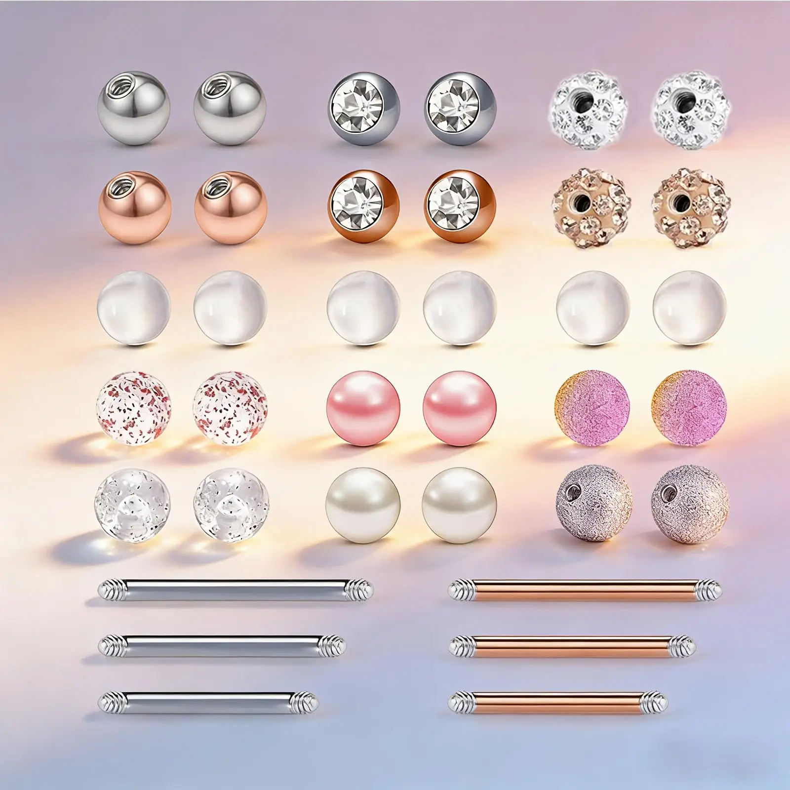 36pcs 14G Straight Barbell Tongue Bars Stainless Steel Tongue Ring Body Ring Piercing Jewelry with Replacement Ball Cone 12-18mm