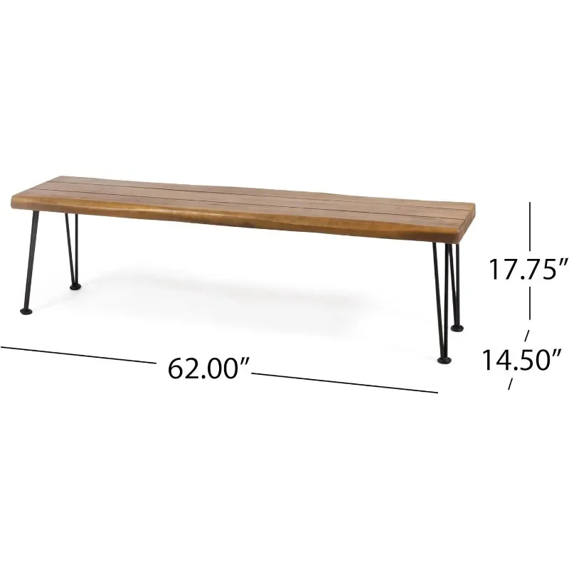 124.Knight-Banc industriel moderne en bois d'acacia, pieds en épingle à cheveux, teck et métal rustique