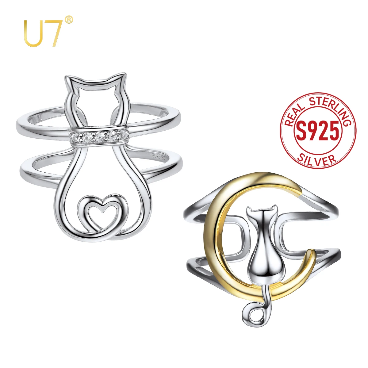 

U7 925 Sterling Silver Cute Cat Ring Cuff For Women Crescent Moon Heart Tail Design A++ CZ Open Ring Jewelry Gift for Cat Person