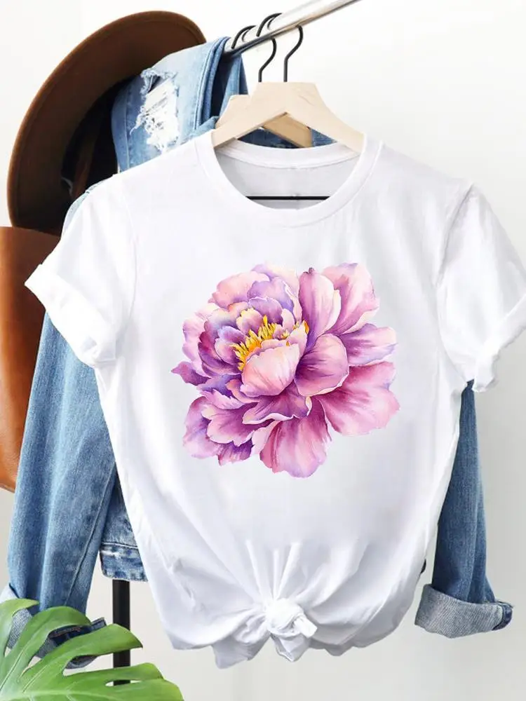 

Watercolor Flower Sweet 90s Cute Women Fashion Casual Print Top Short Sleeve Lady O-neck T Shirt Clothing Graphic Tee T-shirt