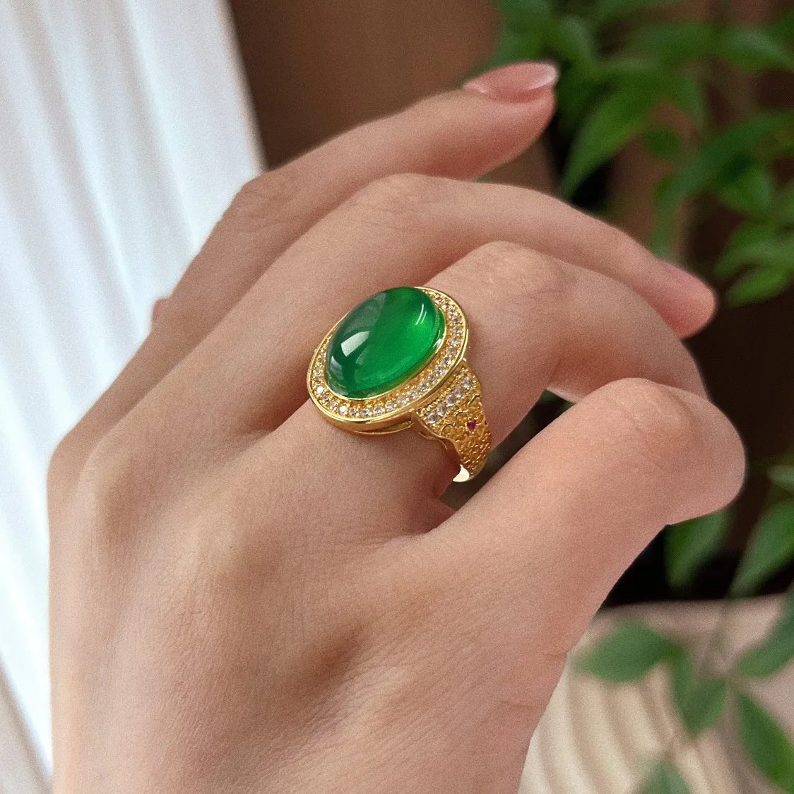 National style retro natural emperor green full green chalcedony agate ring
