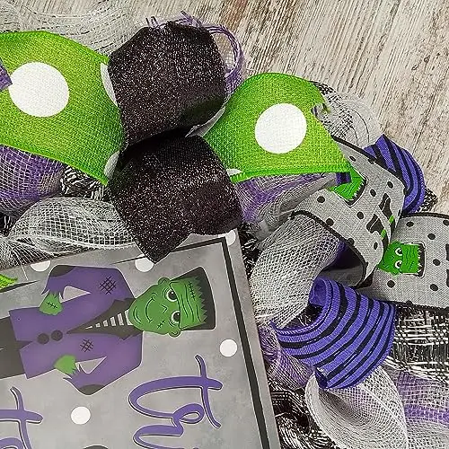 Frankstein Decor, Trick or Treat Halloween Wreaths - Front Door Decorations - Burlap Purple Lime Green Black White