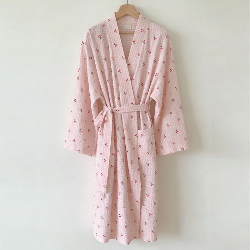 Small Fresh Checkered Cherry Checkered Casual Nightgown Nightgown Women's Spring and Autumn Long Sleeved Bathrobe Home Wear