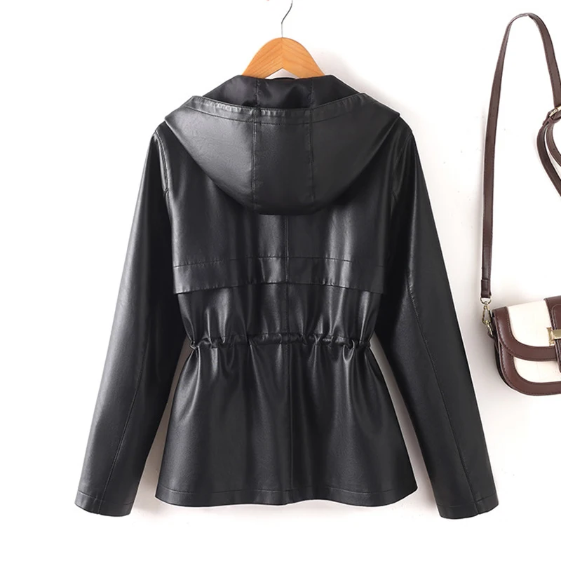 Women Hooded Faux Leather Jacket Drawstring Waist Slim Mid‑length Coat Autumn Winter Casual Windproof Ladies Outerwear