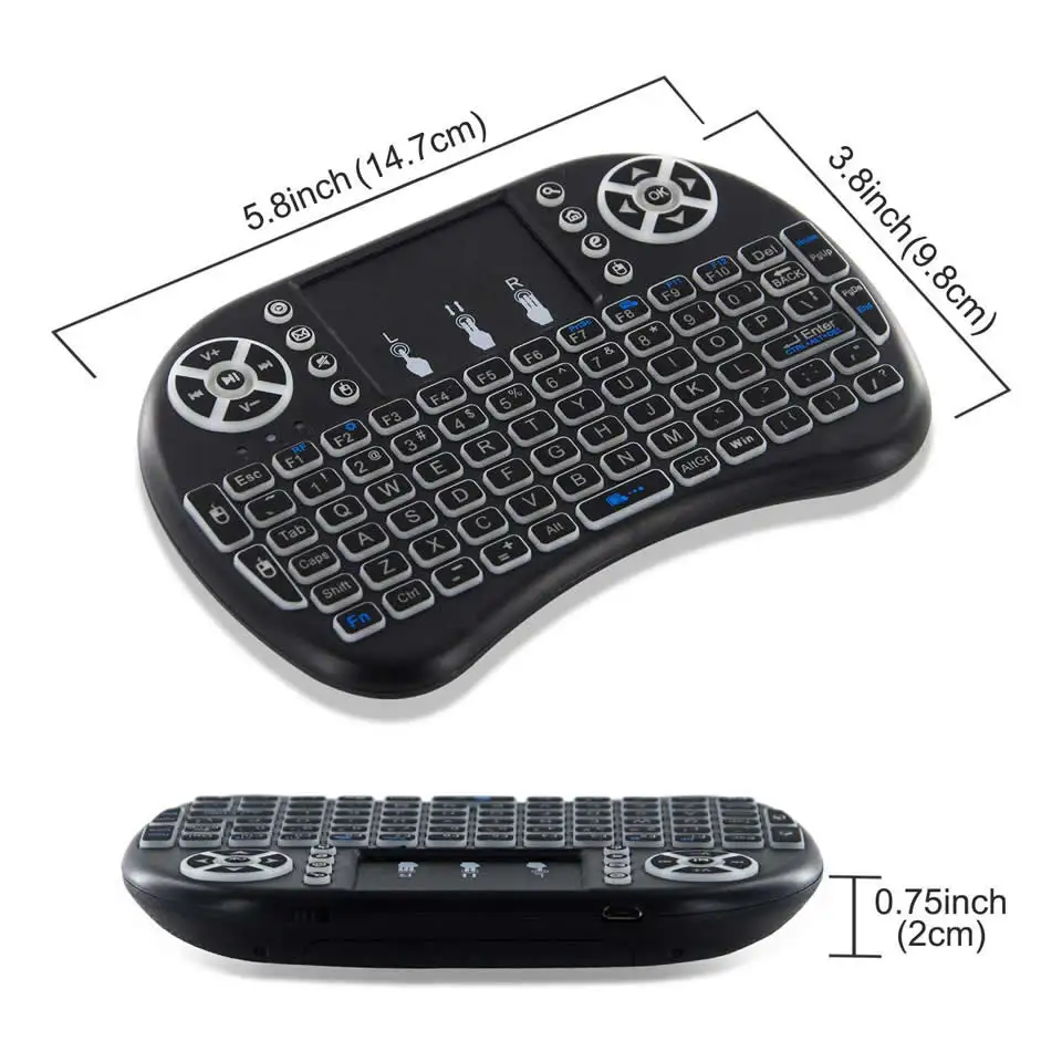 I8 Mini Teclado Sem Fio Retroiluminado, 2.4G Air Mouse, Touchpad Remoto para Android TV Box, PC, Inglês, Russo, Francês, Espanhol, Português