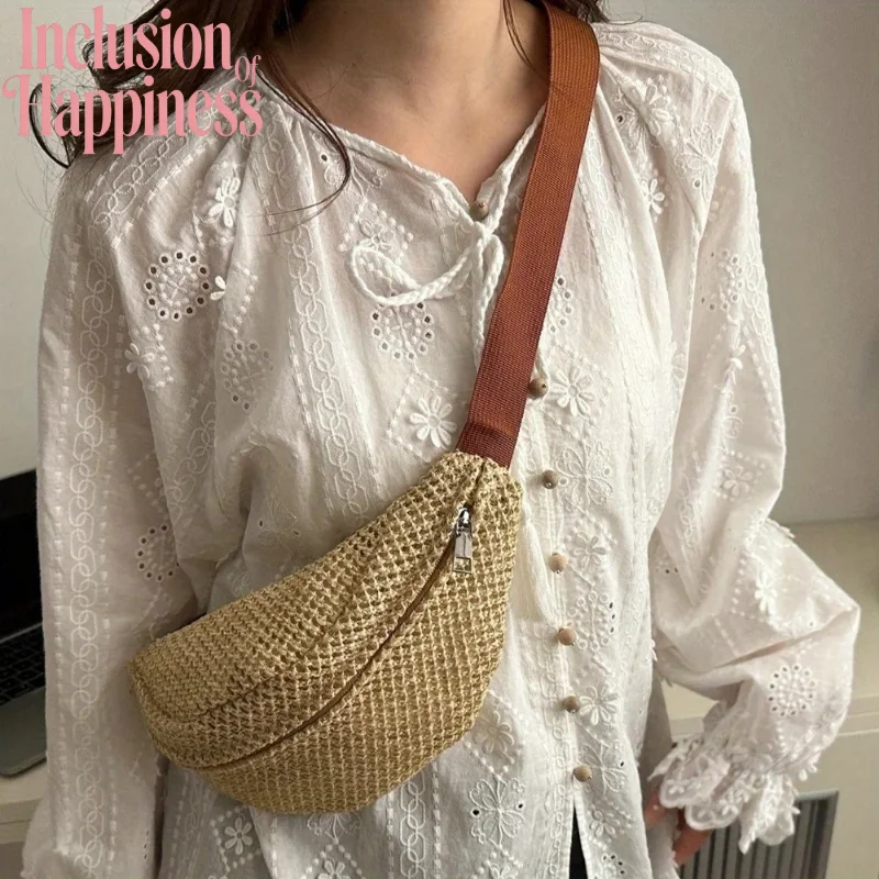 Casual Women's Straw Woven Waist Bag With Adjustable Shoulder Straps Suitable For Summer Beach Vacations And Daily Use