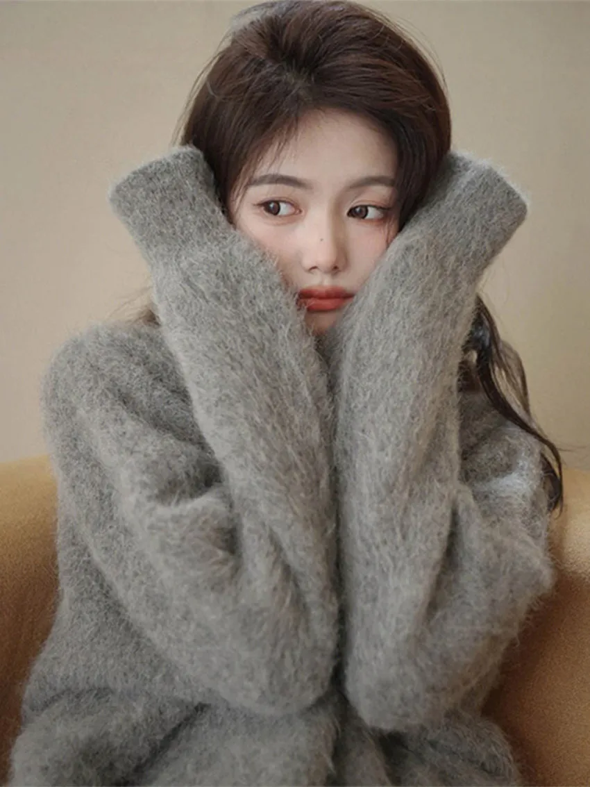 Oversize New 2024 Autumn Winter Gray Mohair Thicked Warm Loose Pullovers Lazy Women O Neck Long Sleeve Knitted Sweaters Jumper