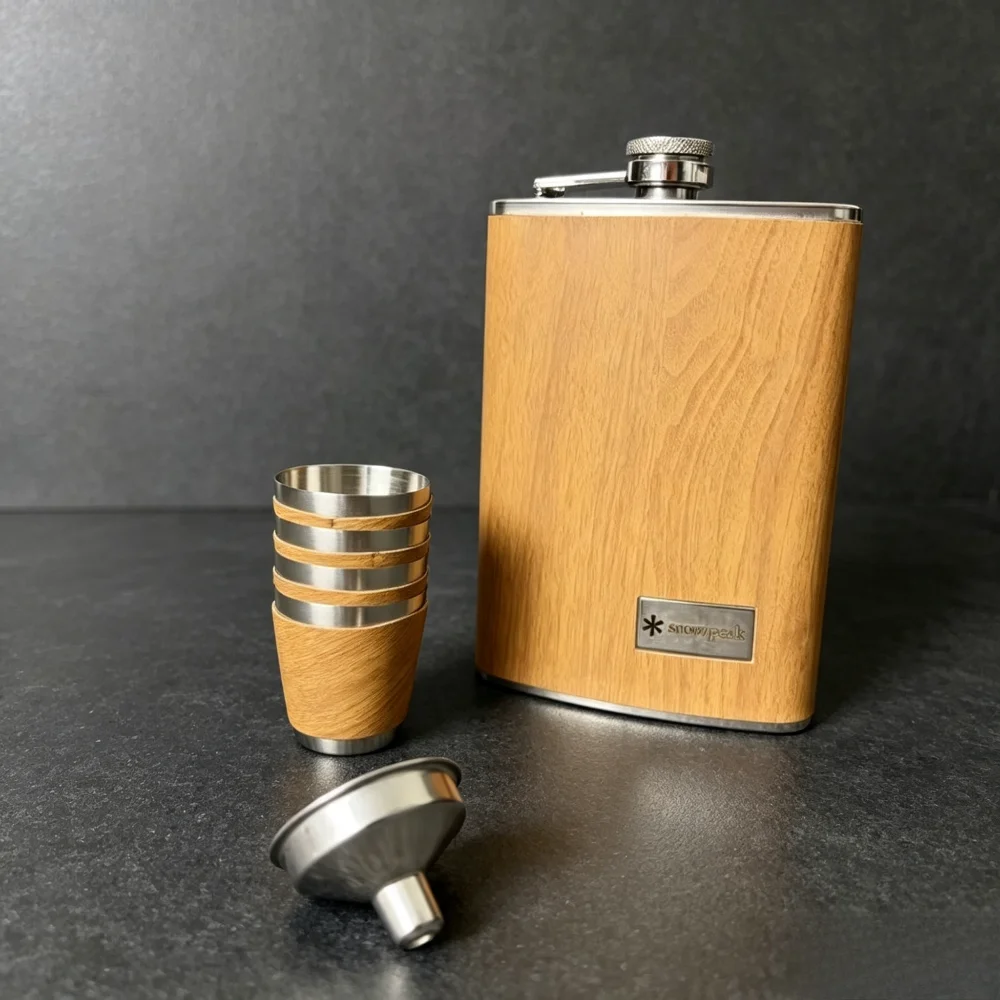 snow peak Wood Wrapped Stainless Steel Hip Flask Set Liquor Bottle Cups Funnel Leakproof Flagon For Men Outdoor Camping Travel