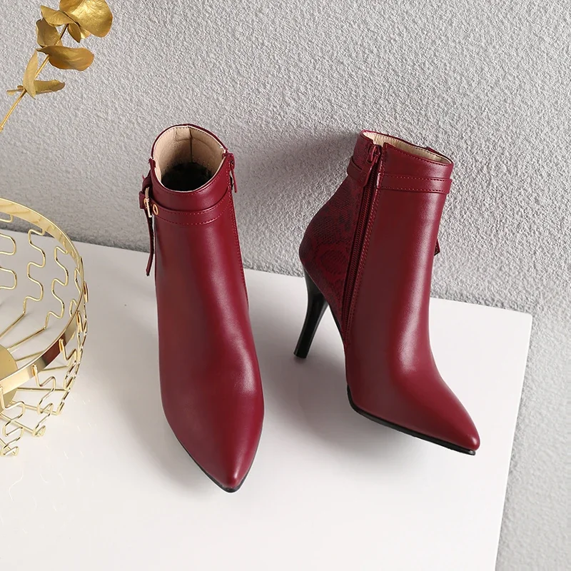 ZawsThia 2022 winter PU leather pointed toe sexy snakeskin print woman shoes high heeled ankle boots for women stilettos boots image 5