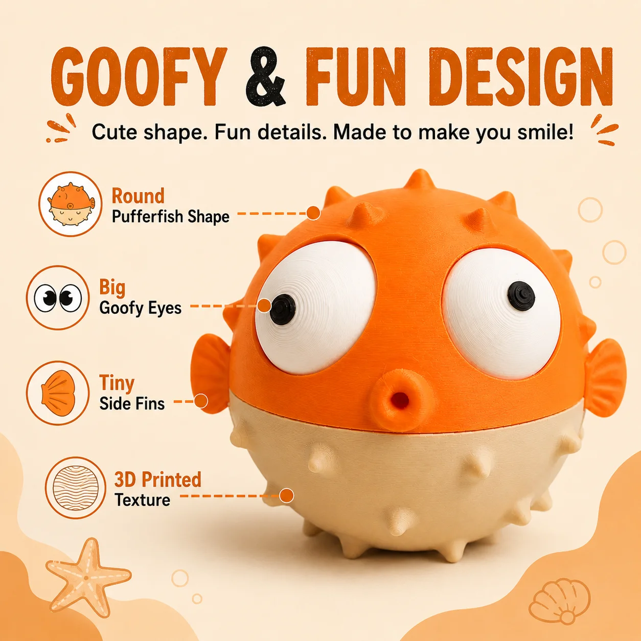 Cute Pufferfish Toy with Movable Eyes, 3D Printed Goofy Desktop Decor, Funny Round Fish Figurine Gift - view 3