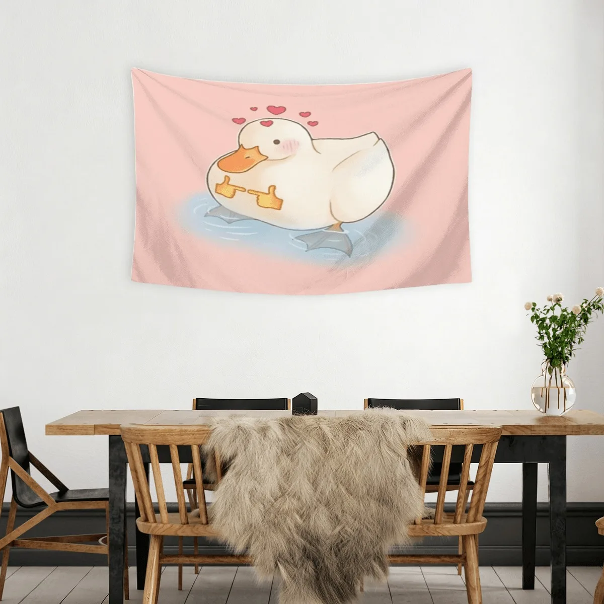 Cute Duck Tapestry, Kawaii White Duckling Wall Hanging, Pink Heart Decor, Sweet Nursery Room Backdrop, Soft Pastel Art Poster